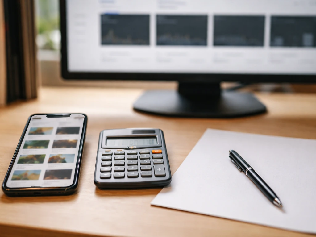 Smartphone and calculator on a minimal desk with a blurred monitor suggesting video ad analytics