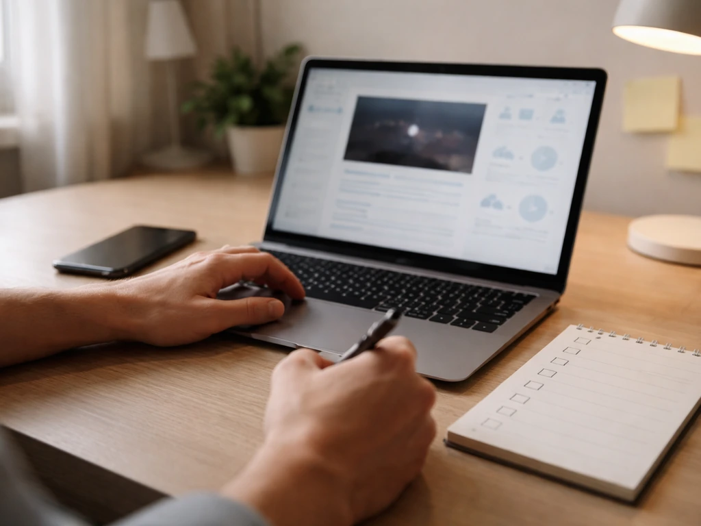 Minimal desk scene with laptop showing video and analytics-like icons, plus a checklist-style notepad