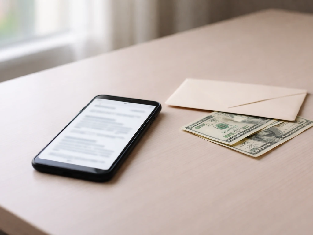 Minimal office scene with a smartphone showing a blurred web page-like snippet and a cash envelope nearby