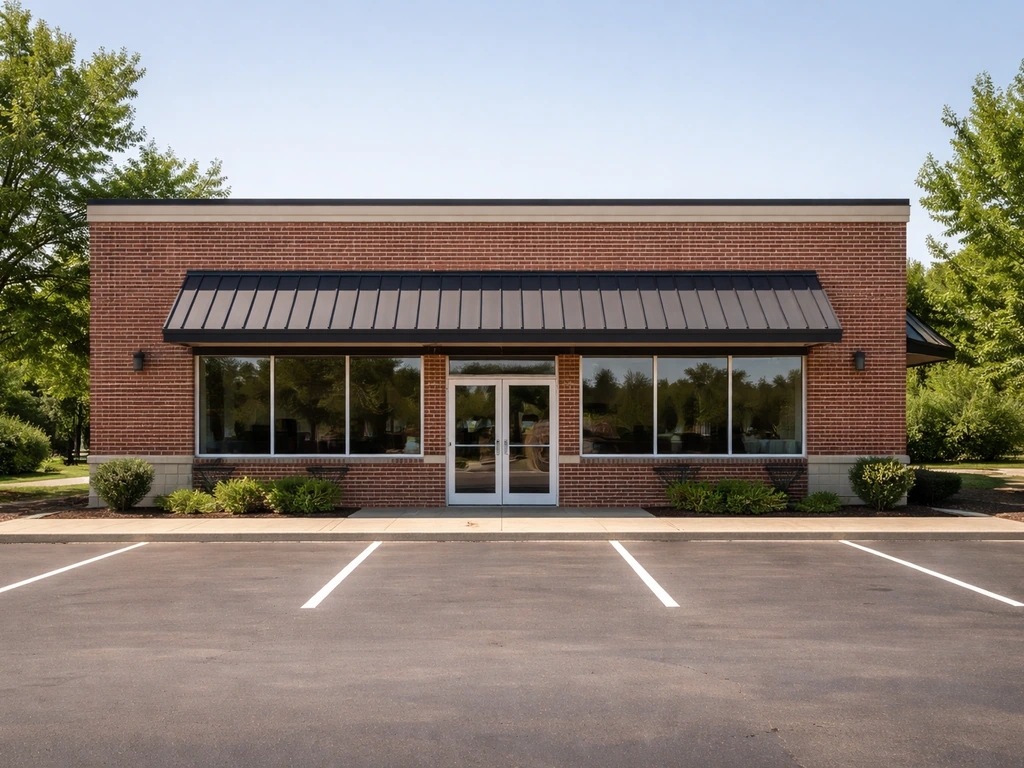 Quiet storefront exterior of a David’s Burgers location with a simple parking area in Arkansas-like setting