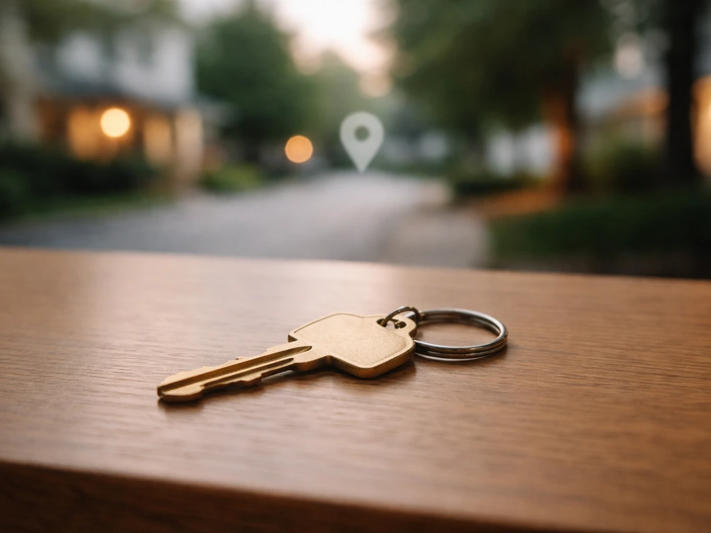 Close-up of a house key and a single map pin on a blurred neighborhood street scene