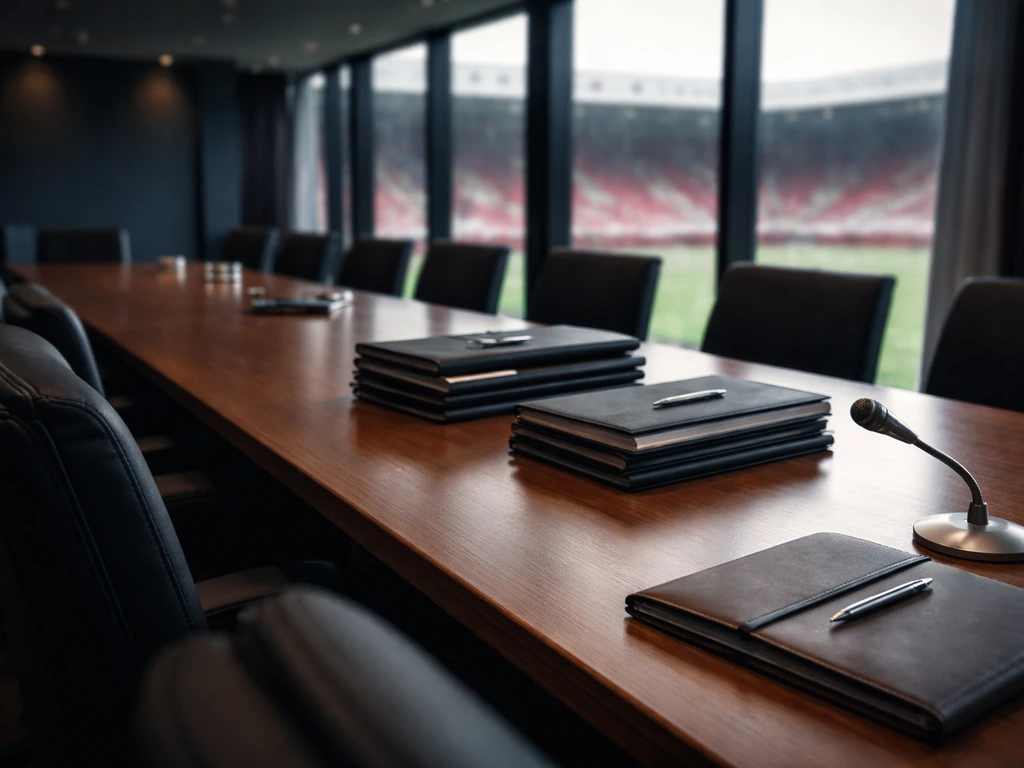 Sheffield United football executive office setting with documents, a conference room, and a neutral business mood