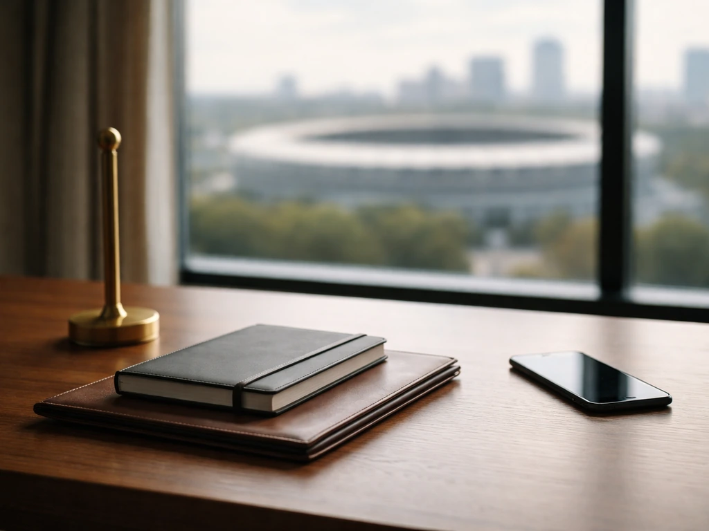 Minimal office scene symbolizing executive career wealth drivers—desk items and blurred city outside.