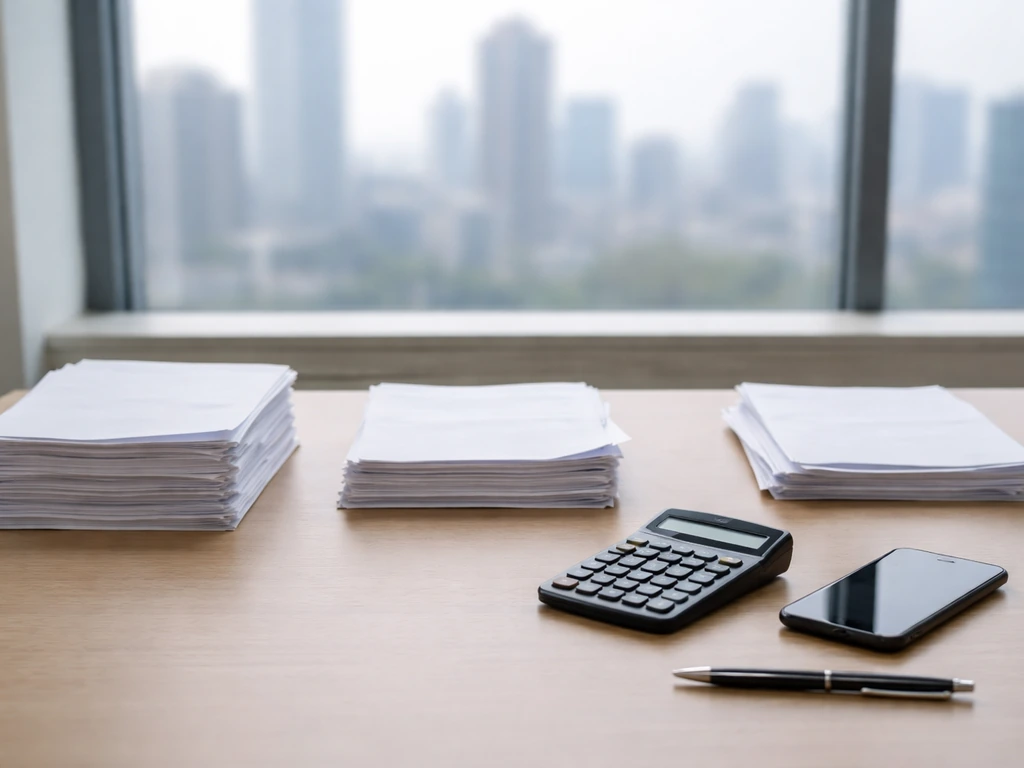 Minimal desk scene symbolizing differing net-worth assumptions: scattered papers, calculator, and a blurred city skyline