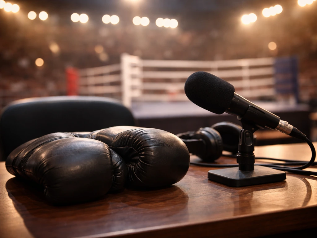Dark boxing gloves beside a microphone on a table with a softly blurred arena background.