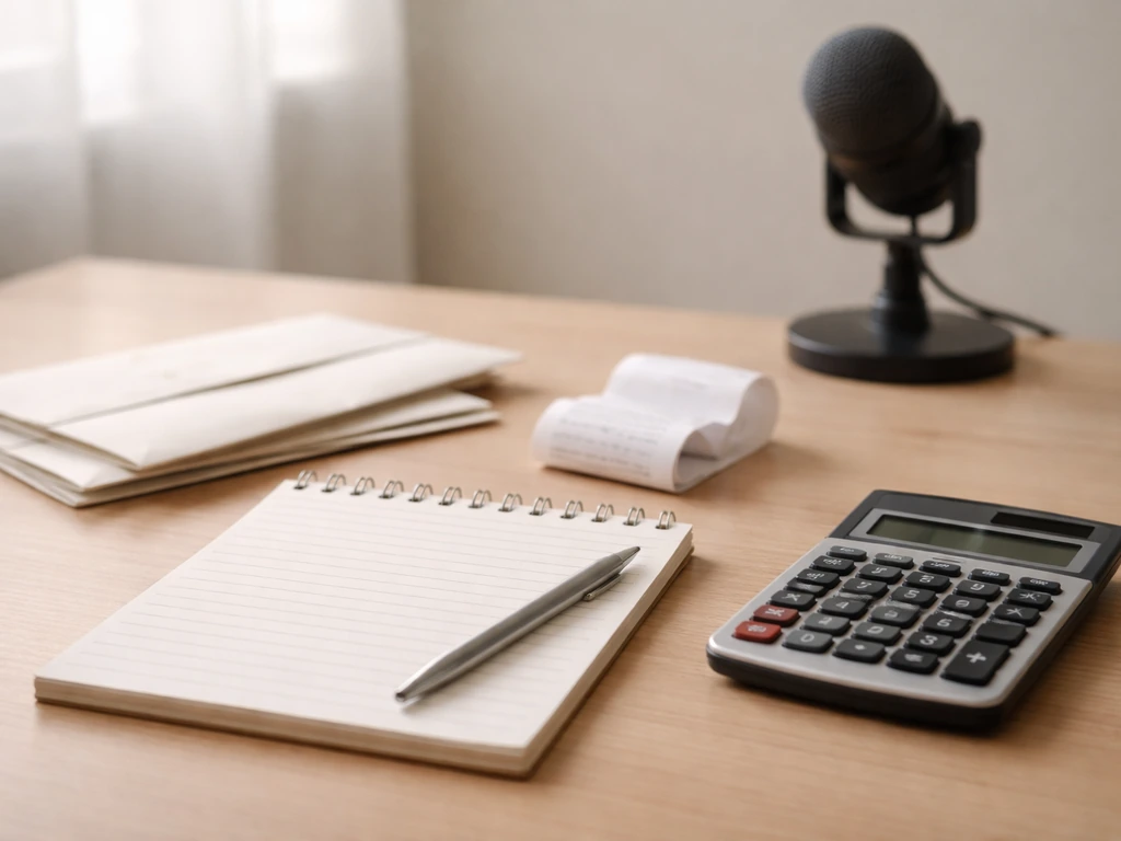 Calculator and envelopes beside a microphone on a simple desk, symbolizing transparent net-worth calculation.