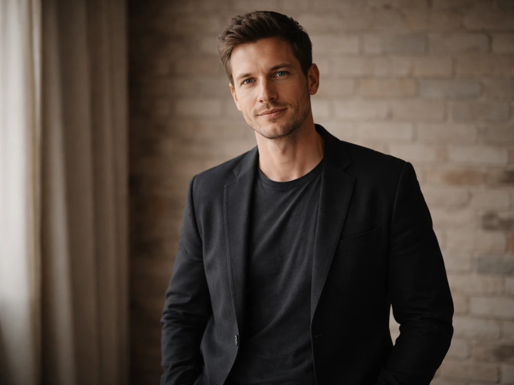 Australian male actor in a softly lit studio corner, casual tailored outfit against a brick wall backdrop.