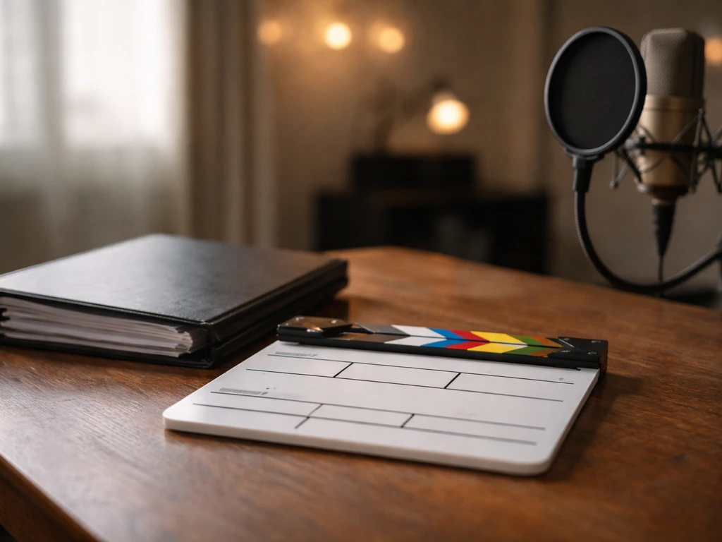 On-set items—clapboard, script binder, and studio microphone—symbolizing TV and franchise acting work