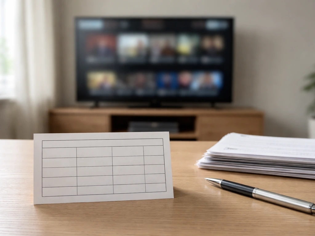 Desk with a blank cue card and nearby paperwork, beside a TV showing an unreadable blurred broadcast scene.