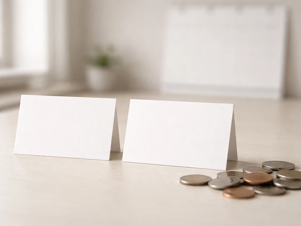 Two anonymous business cards on a desk, with scattered coins to suggest comparing net worth estimates