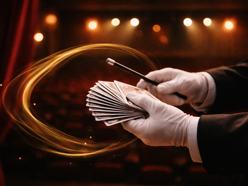 Close-up of a magician’s hands with a deck of cards under warm stage lights in a quiet theater setting