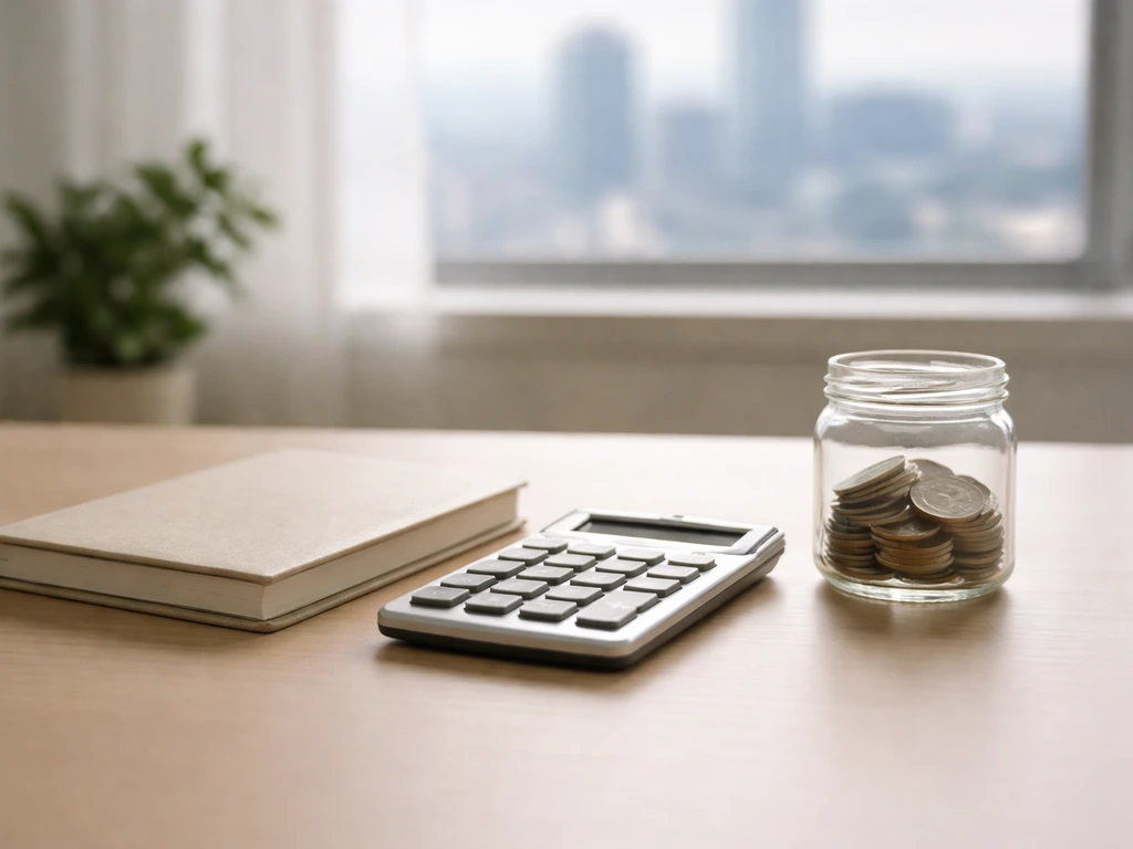Minimal office desk scene with coins and calculator symbolizing an April 2026 net worth estimate range.