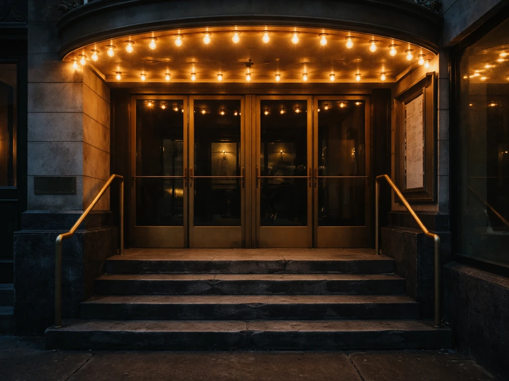 Close-up of a small theater entrance facade with evening lights, symbolizing venue assets and uncertainty