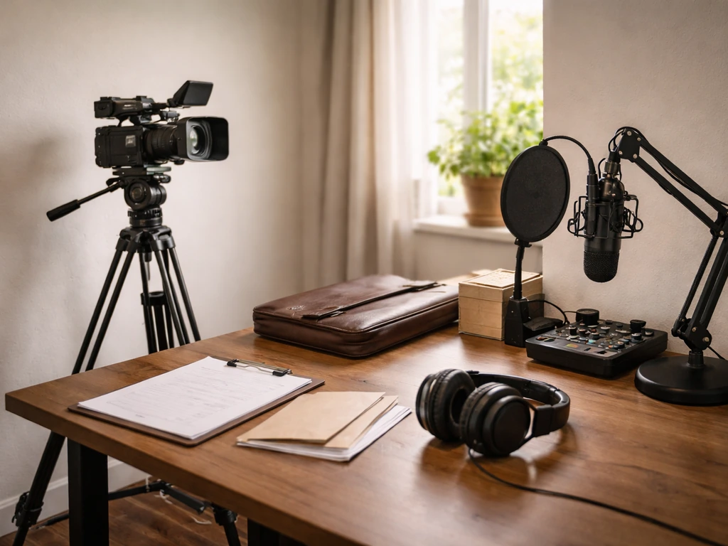 Minimal studio setup combining documentary camera gear and a podcast mic with headphones on a desk.