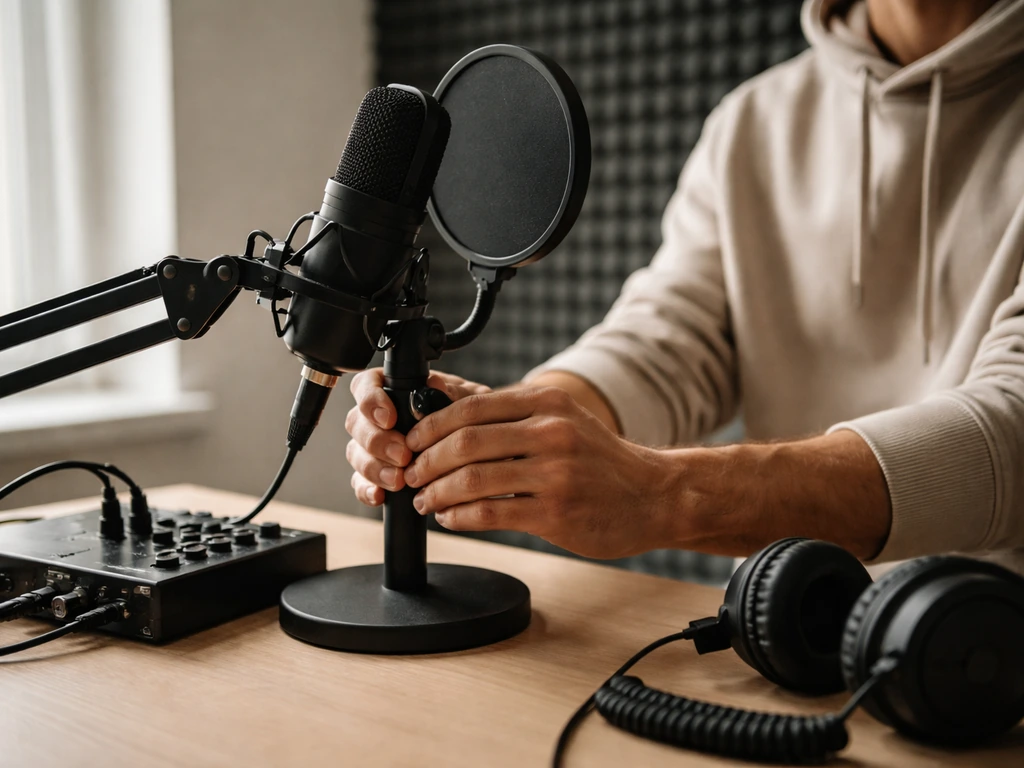 Podcaster recording in a quiet studio with microphone, pop filter, and audio interface on a desk.