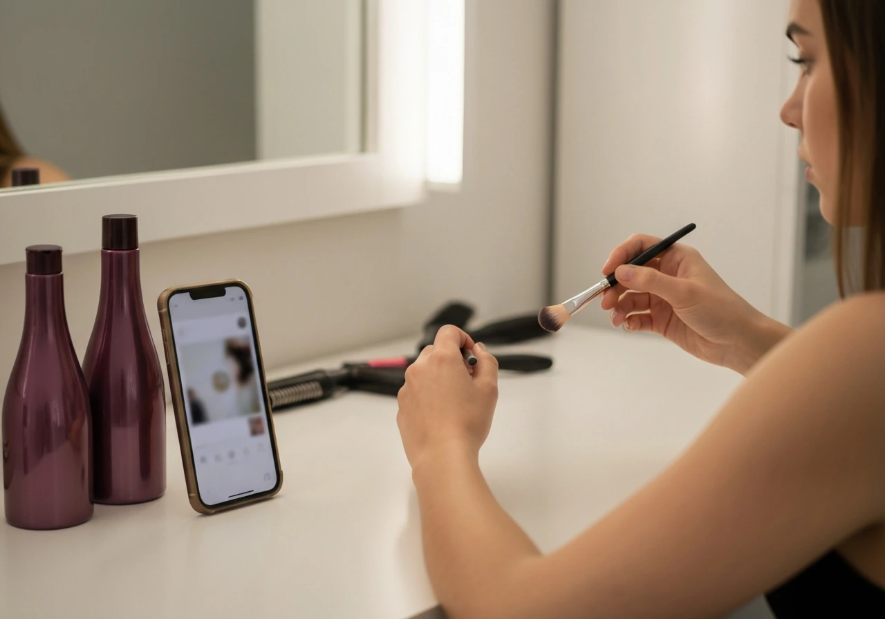 Anonymous creator hands styling hair at a vanity with a smartphone in the background, no identifiable face.