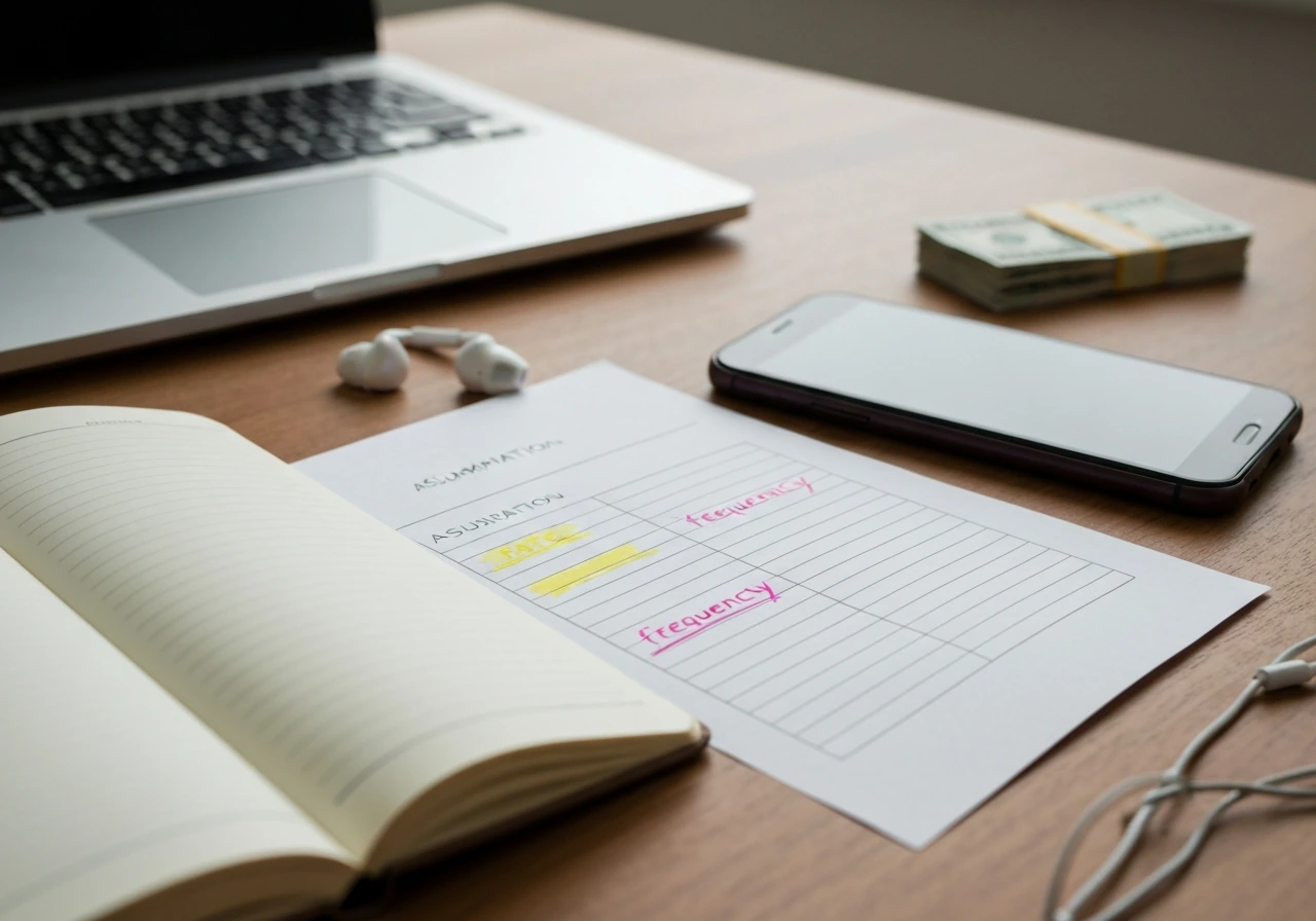 Open notebook on a desk with highlighted financial assumptions and a phone showing a blank media screen