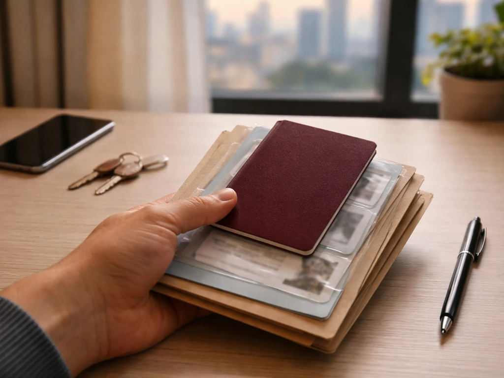 Anonymous hand comparing passport and identity folders on a desk to verify the right person.