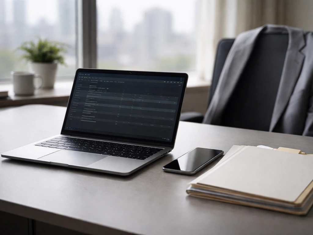 Minimal office scene with a laptop, smartphone, and blurred finance documents suggesting tech executive income signals.