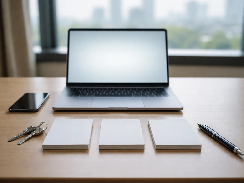 Minimal desk with laptop glow, phone, blank category folders, keys and pen for asset-check planning.