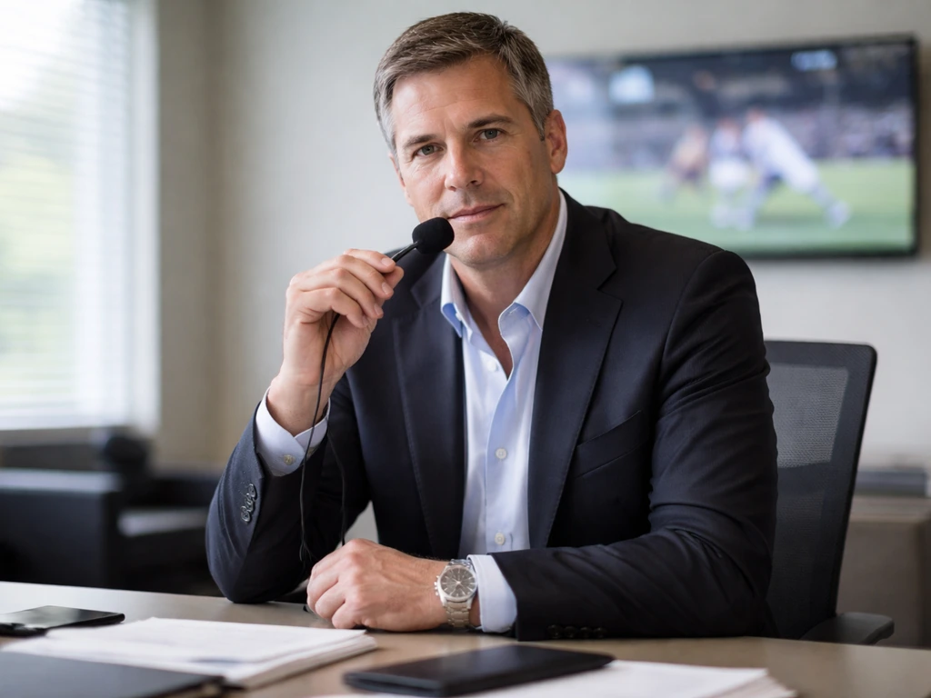 Anonymous sports executive in a suit with a headset microphone in a quiet office with blurred TV footage.