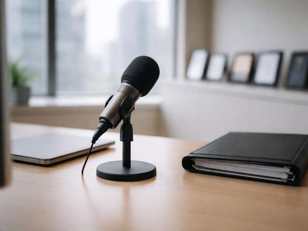 Anonymous media office desk with microphone, laptop, and award plaques symbolizing a career timeline