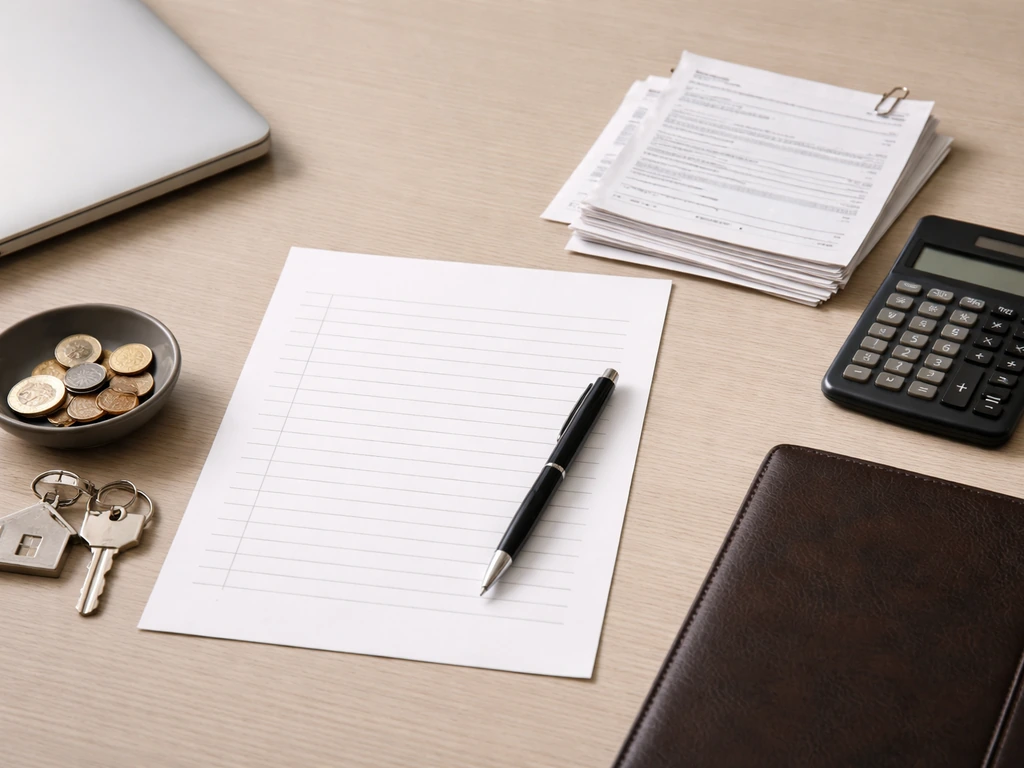 Minimal desk scene with blank paper, calculator, pen, and a small keychain symbolizing debt reducing assets.