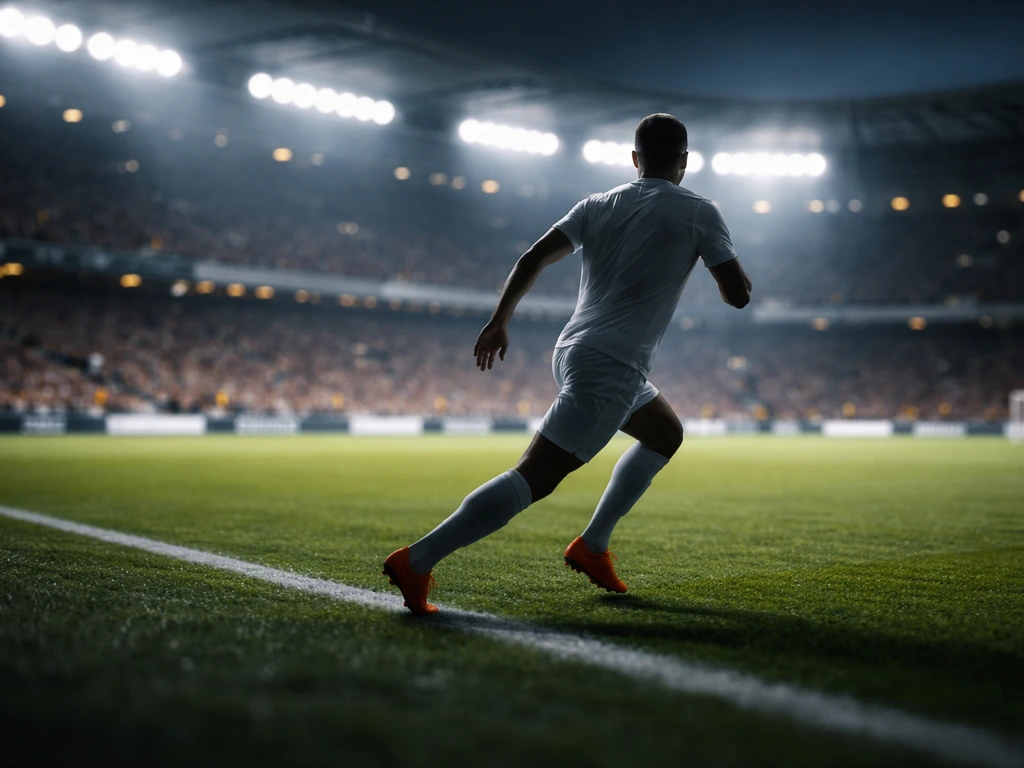 European football player silhouette in a stadium at dusk, symbolizing a peak-career earning phase.