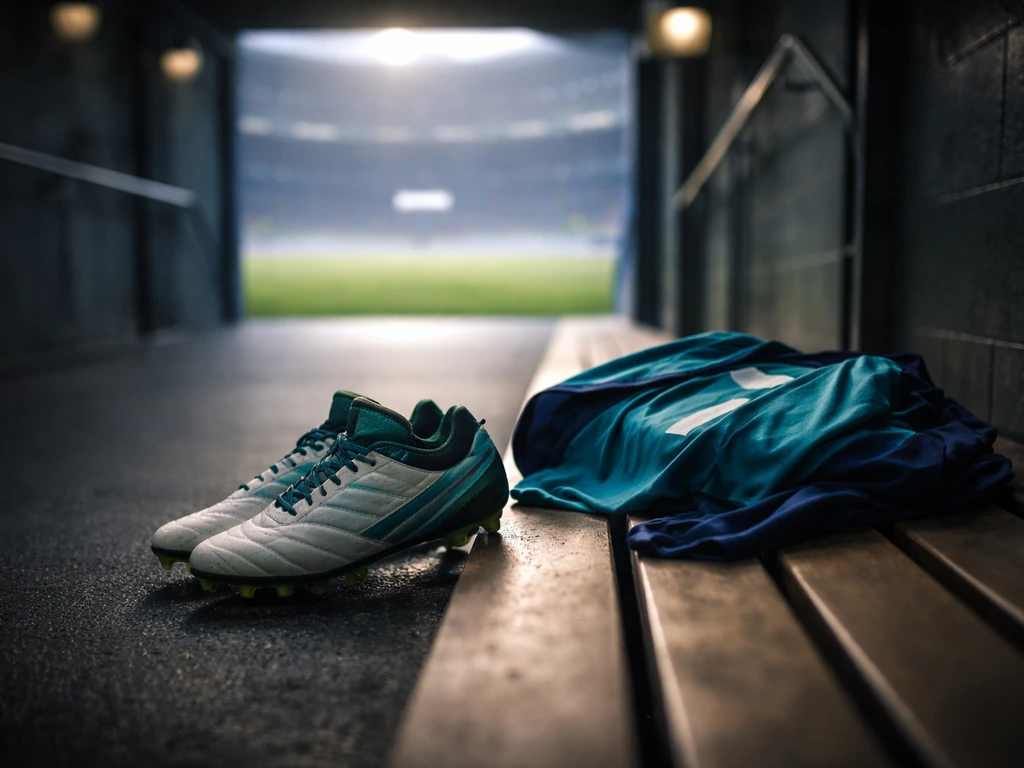 Anonymous soccer gear in a stadium tunnel with teal-and-navy club-era colors and soft lights