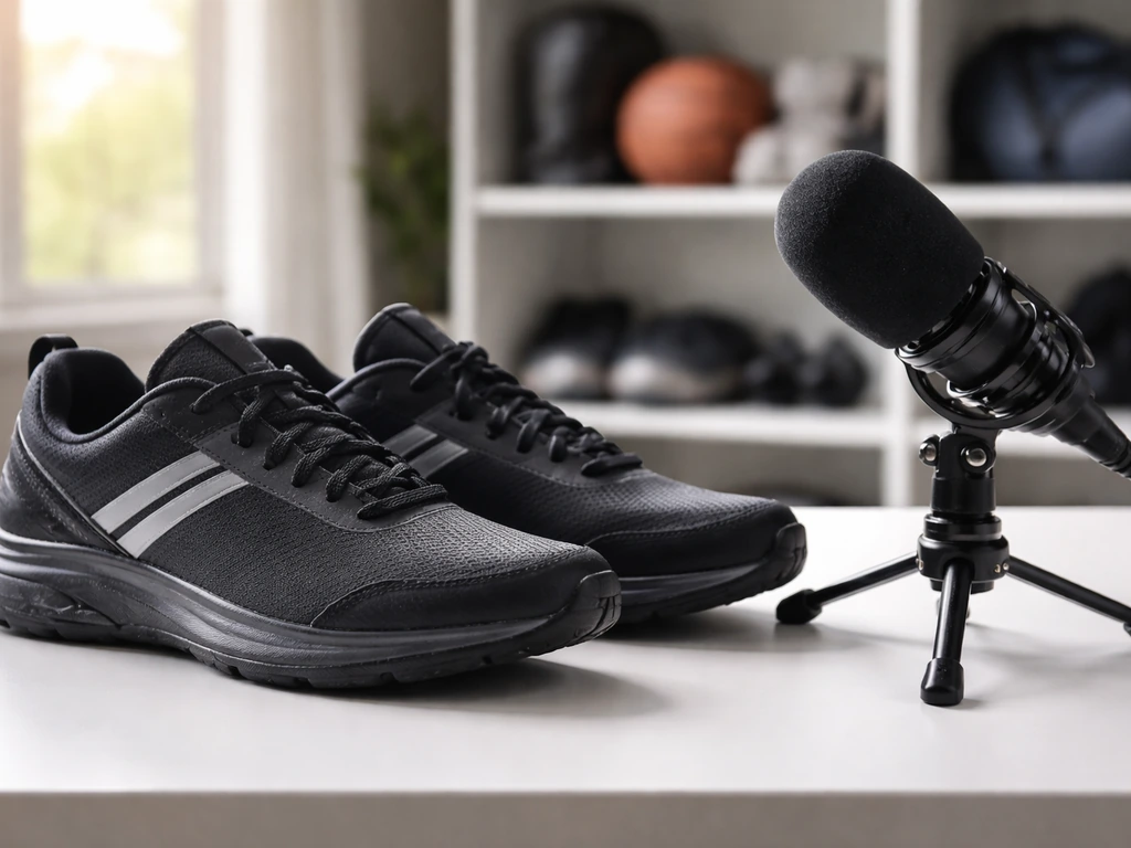 TV microphone and athletic sneakers on a desk symbolize sponsored media and endorsement income.