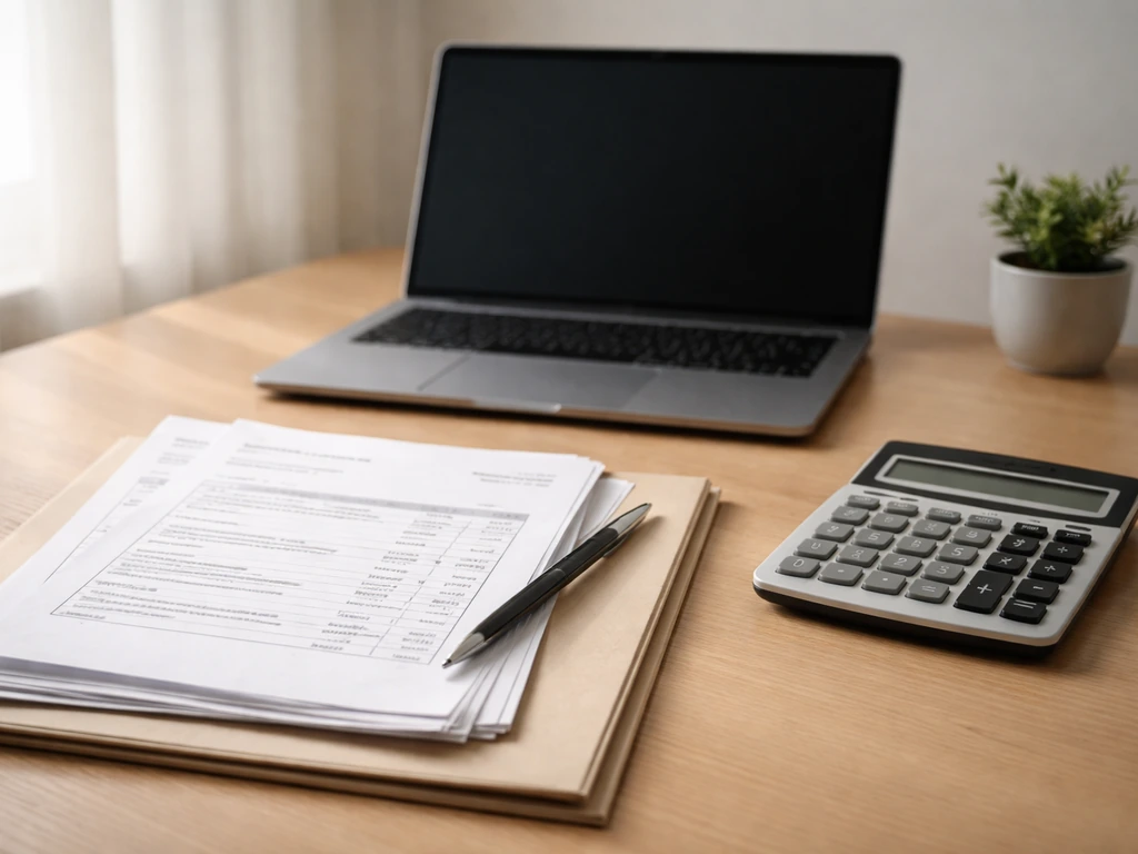 Minimal photo of a desk with a laptop and scattered documents symbolizing net-worth calculation steps.