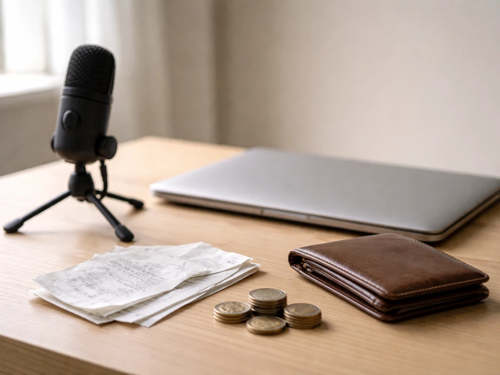 Minimal desk scene with a microphone and scattered cash receipts, symbolizing income vs salary vs net worth