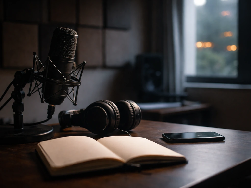 Studio desk with microphone and headphones, soft window light, cinematic media-career mood.