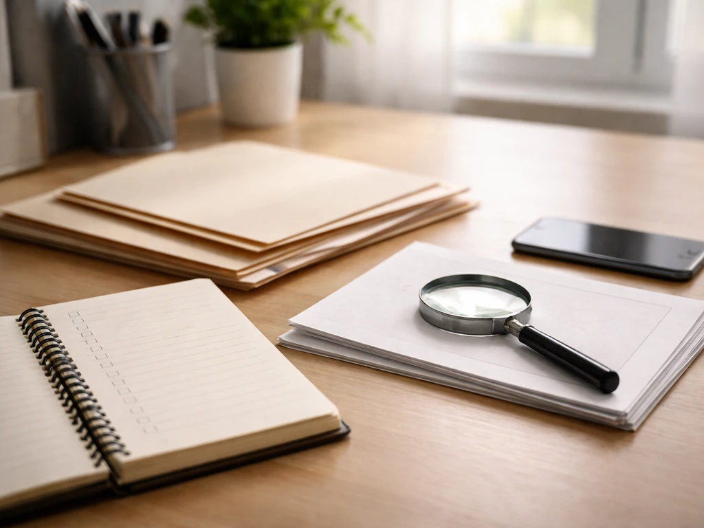 Minimal desk scene with checklist notebook, documents, and a magnifying glass for fact-checking an estimate