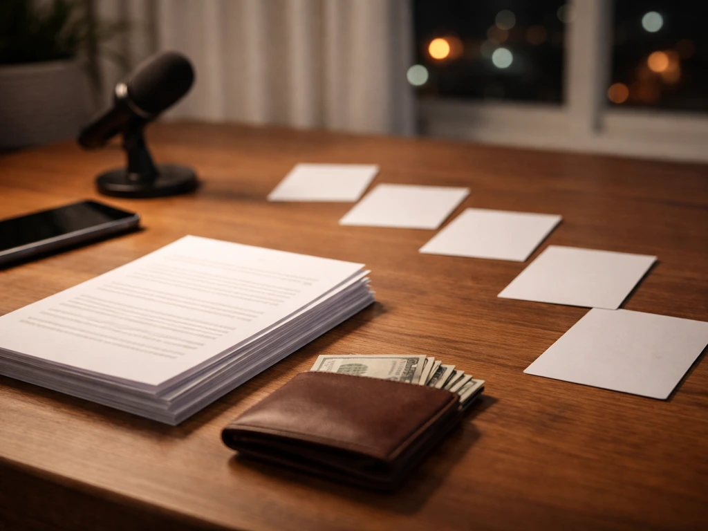 Minimal desk scene with blank documents, phone, and a five-card season timeline symbolizing career earnings.