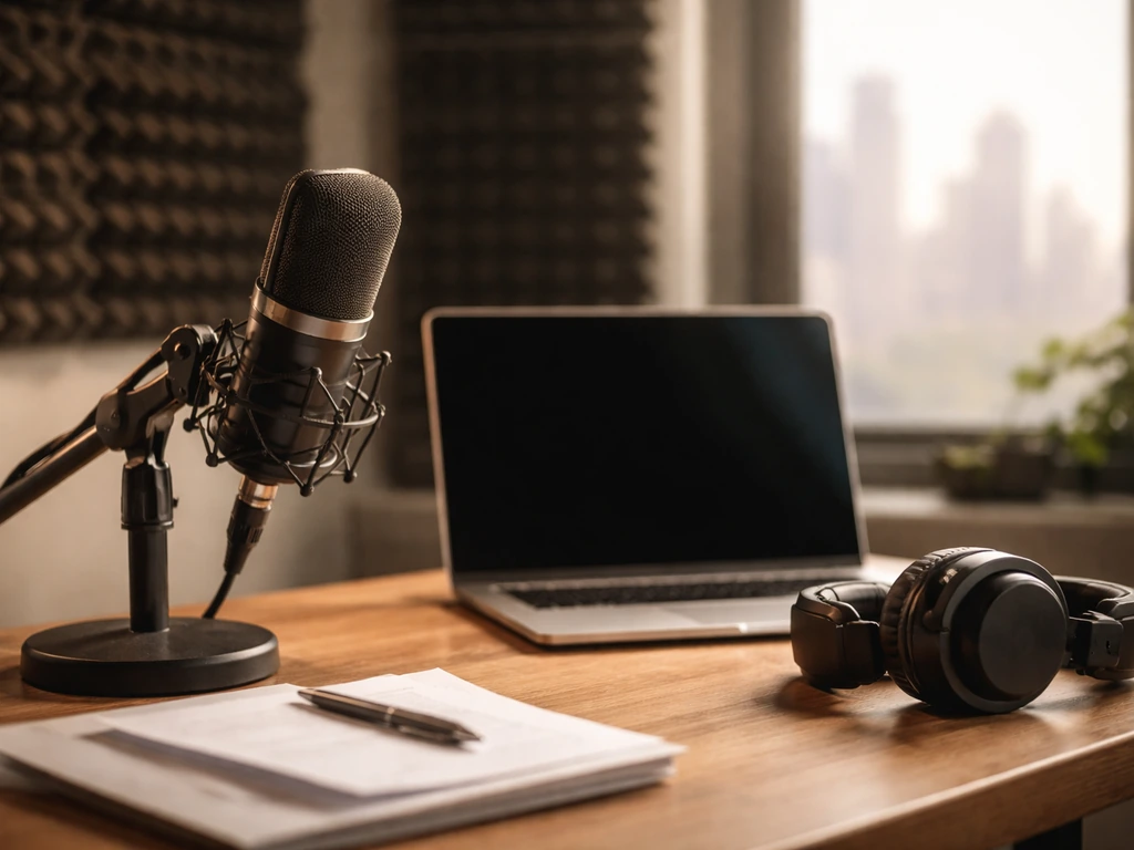 Podcast studio desk with microphone and headphones, suggesting media income without showing any person.