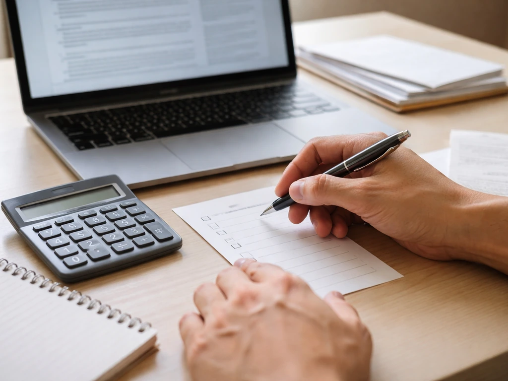 Hands with calculator and paper checklist beside a laptop showing NBA contract-style documents, no readable text.