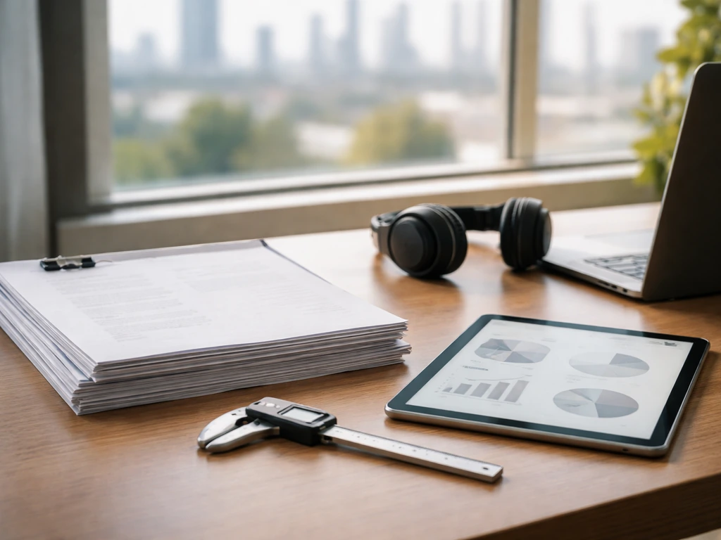 Minimal energy audit desk scene with workpapers, laptop, and blurred city/industrial view through a window.