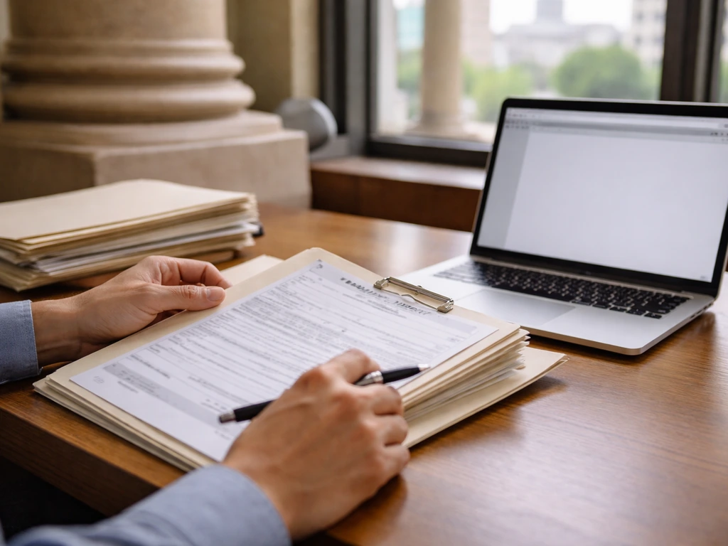 Person reviewing Houston-area property records at a courthouse desk with folders and an open laptop