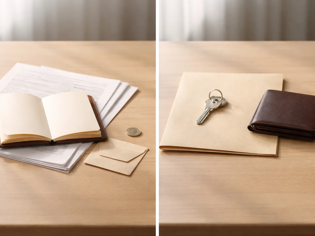 Minimal tabletop scene showing a small stack of papers beside a house key and a leather notebook, suggesting assets vs l