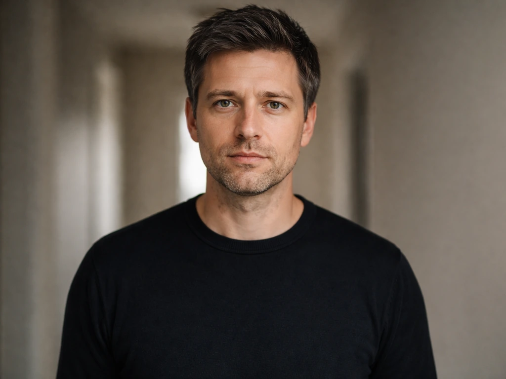 Anonymous British male actor portrait in a softly lit studio hallway, neutral expression, minimal background.