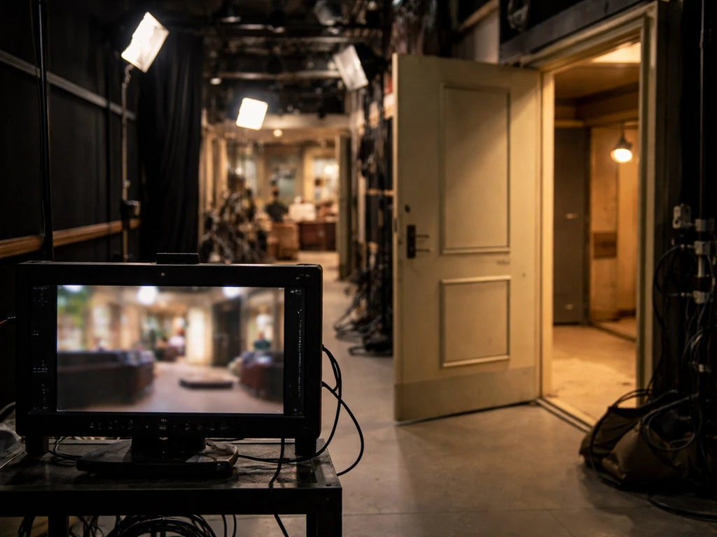 Behind-the-scenes view of a TV studio set with lights and a production monitor showing blurred sitcom footage.