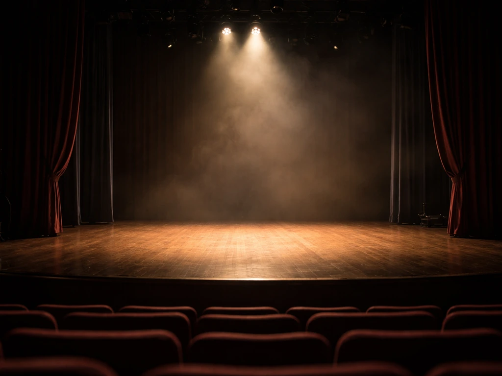 Dimly lit theatre stage with a single spotlight and empty seats, suggesting professional performing arts.