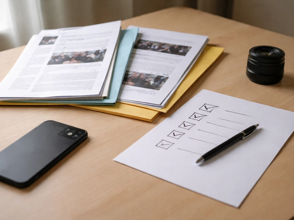 Minimal office desk with scattered documents, checklist paper, smartphone, and a camera lens representing verification t