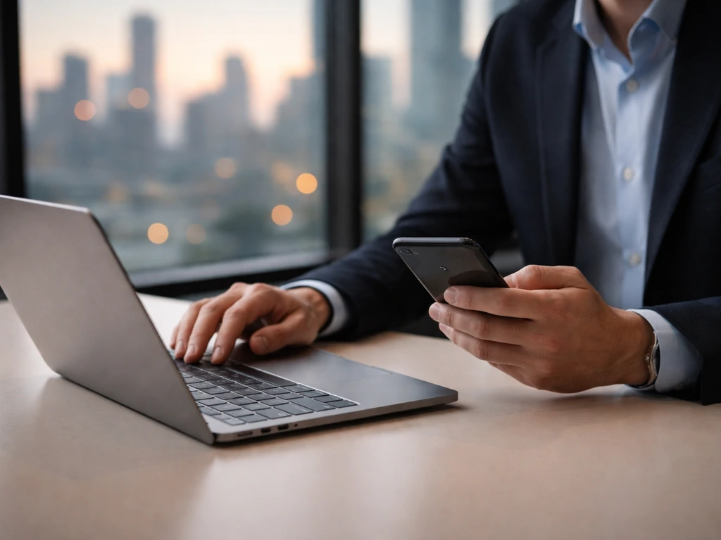 Anonymous venture capital professional in a modern office with a blurred city skyline view.