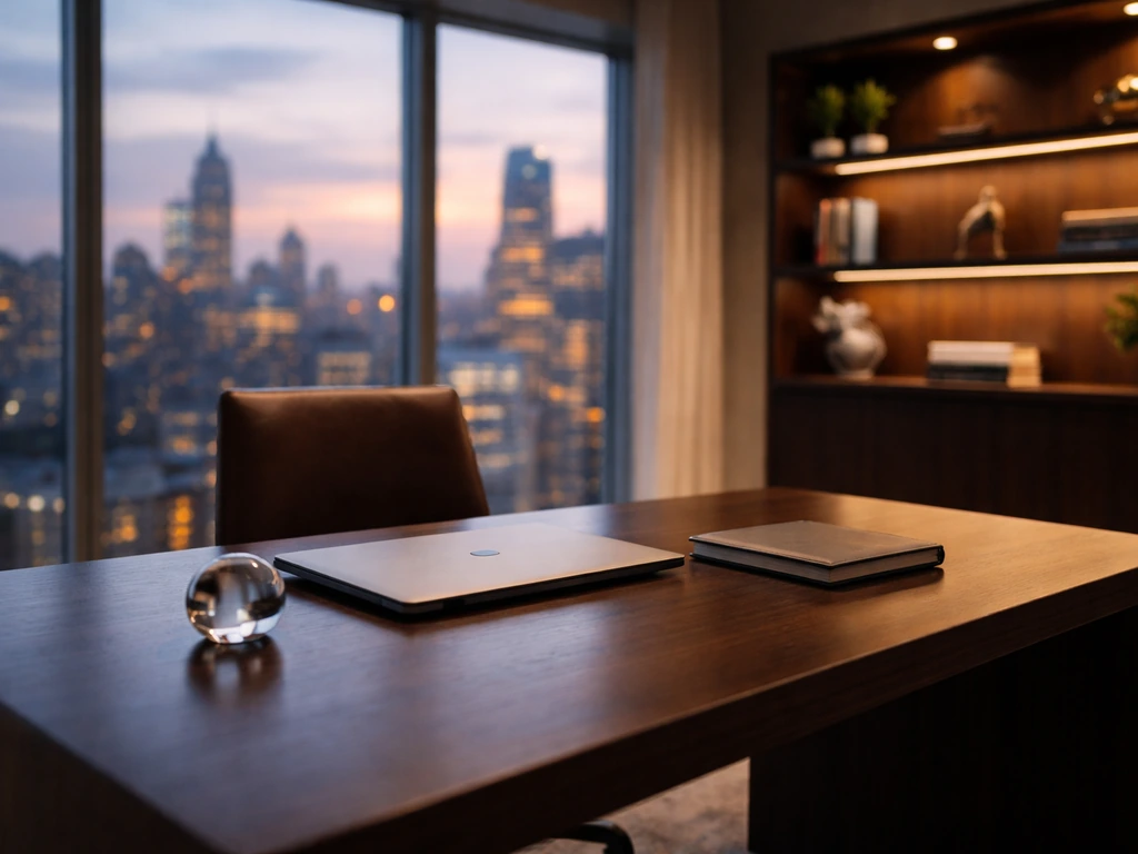 Minimal NYC VC office desk with laptop and blurred skyline, suggesting venture capital deal work.
