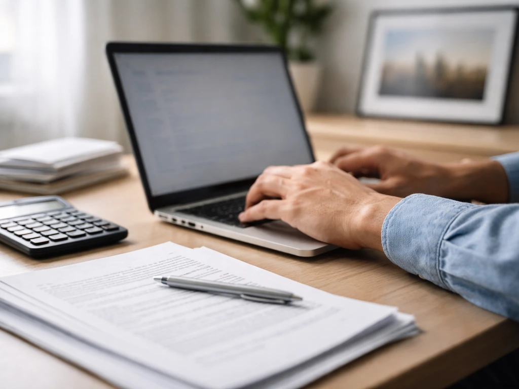 Close-up of hands using a laptop to review property records, with a calculator and documents on a desk