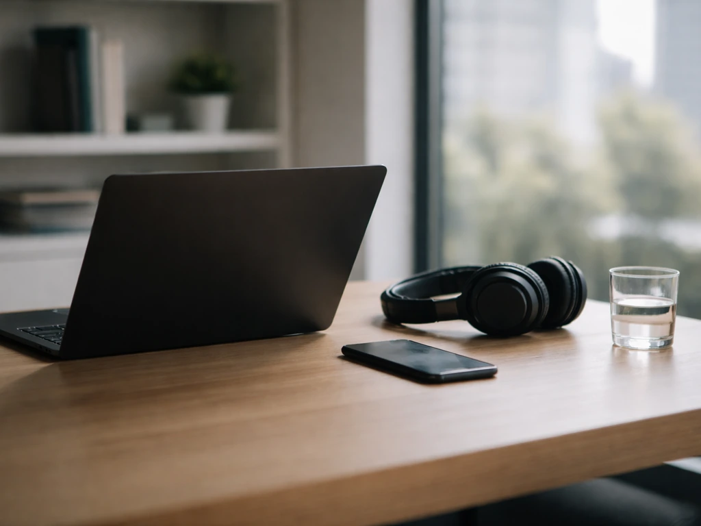 Minimal office desk scene with laptop and headphones, blurred city view—no person shown.
