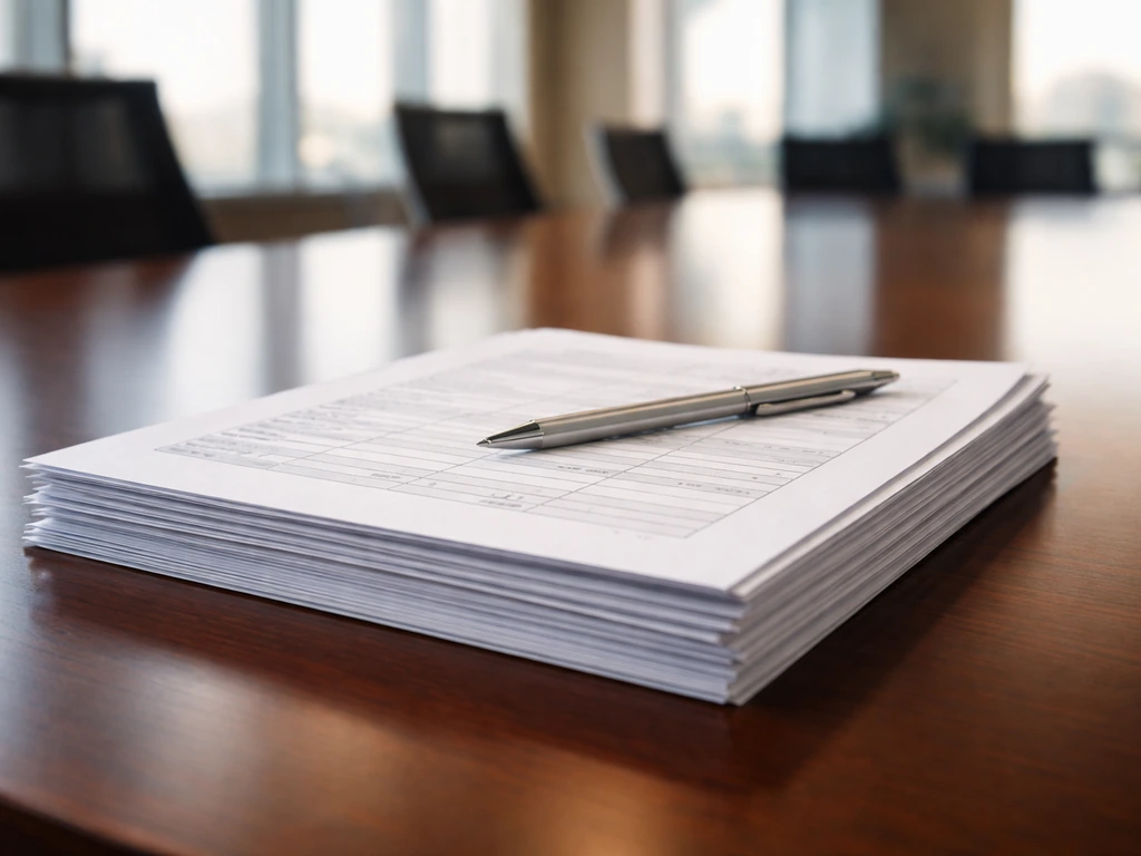 Close-up of executive compensation documents on a boardroom table with a blurred corporate backdrop