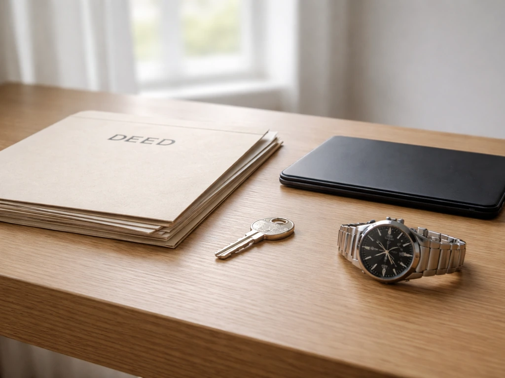 Close-up of a house key and deed folder, a tablet, and a luxury watch on a sunlit desk.